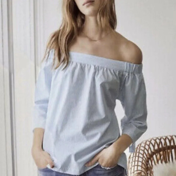 Madewell White & Blue Striped Clean 3/4 Sleeves Off The Shoulder Top Size Medium - Picture 2 of 8